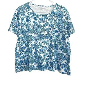 Kim Rogers Blue and Green Floral Paisley Print T Shirt 1X